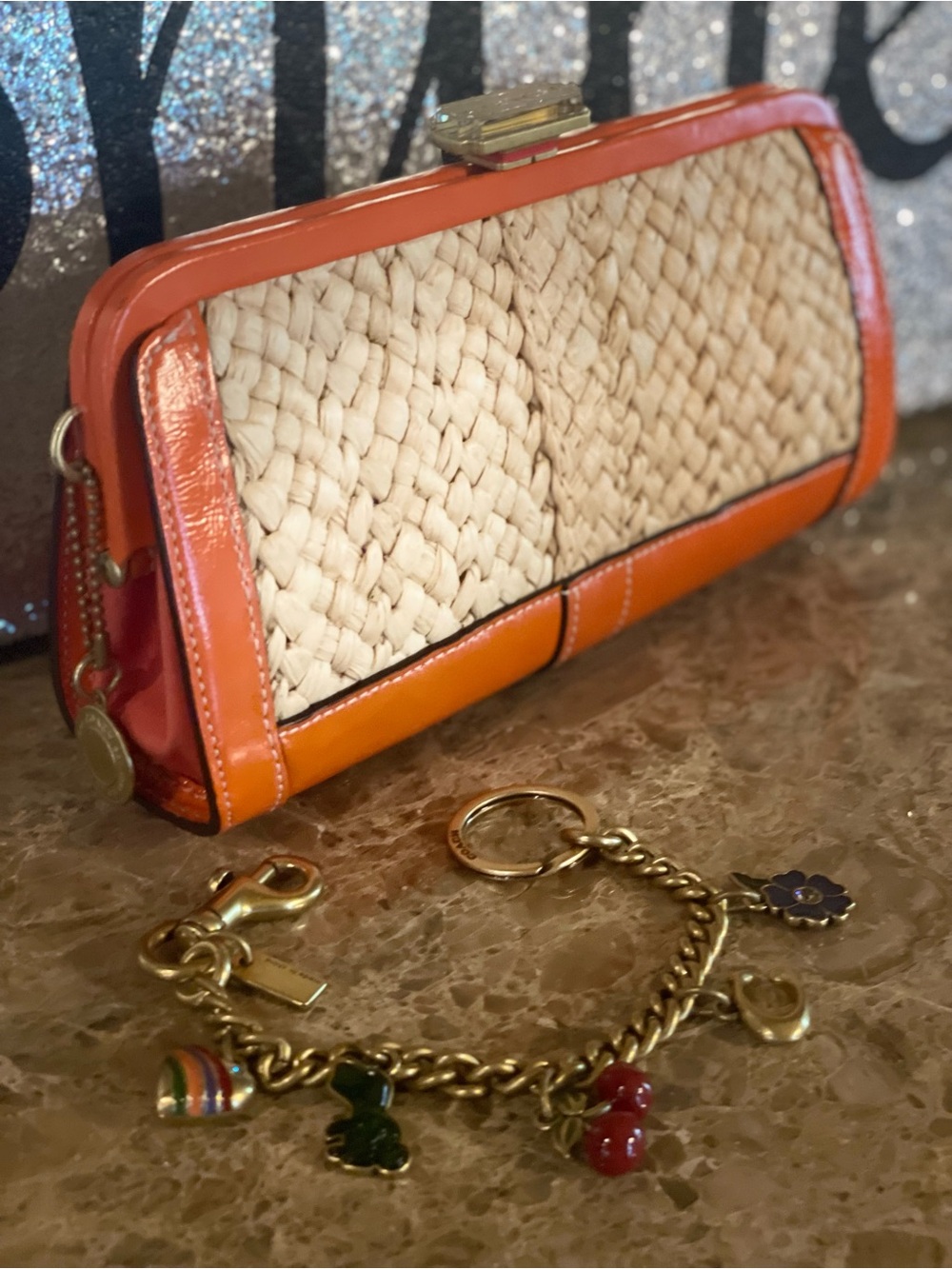 COACH Vintage Orange Straw Leather Minaudière Clutch WITH Motif Chain Bag Charm - Picture 3 of 17